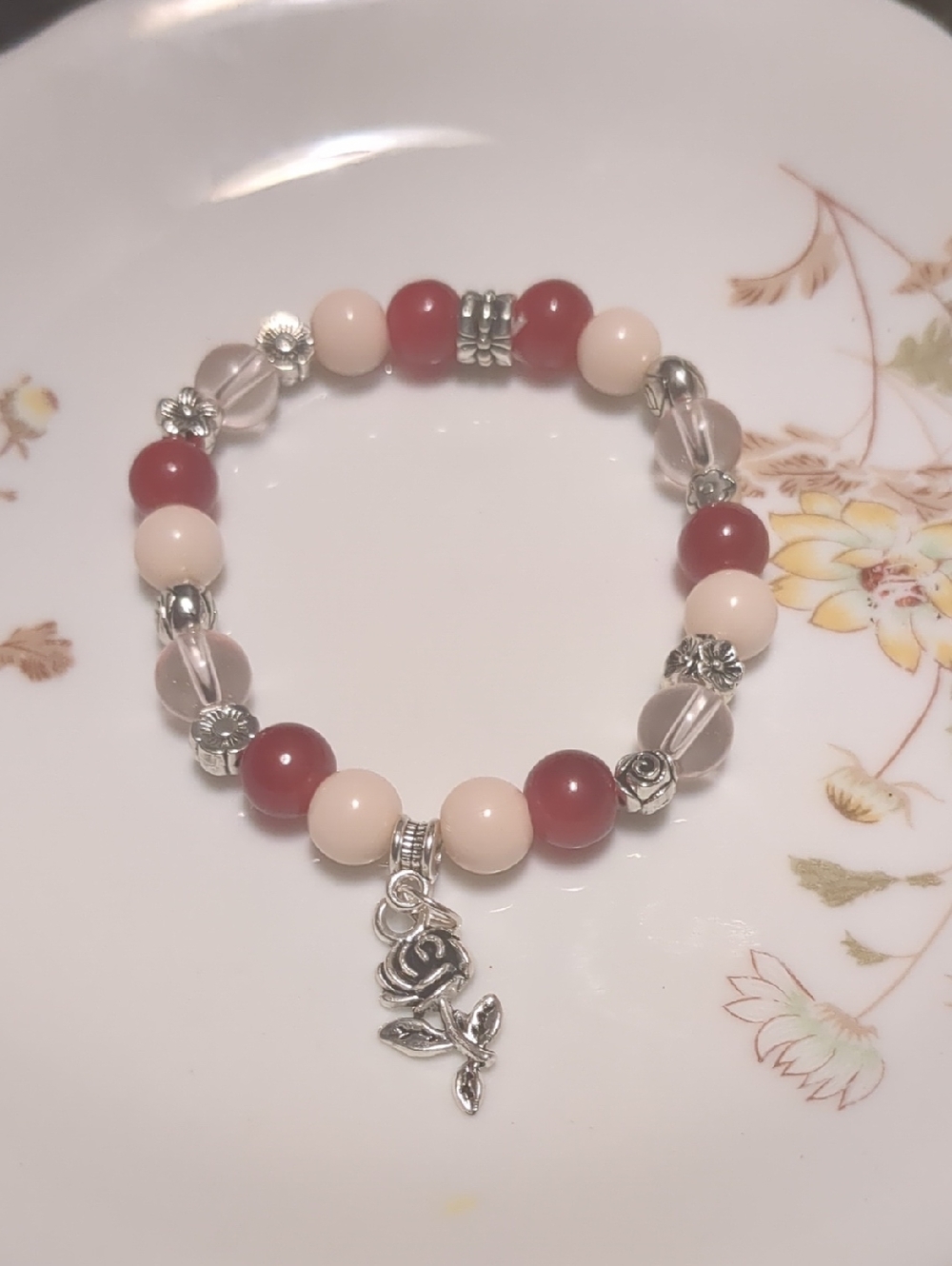 Rose Charm Bead Bracelet in Pink & Red
